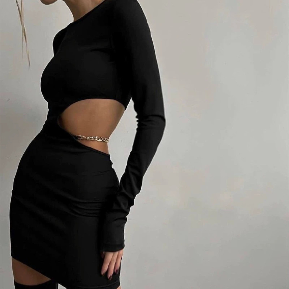 Zara Cutout Waist Metal Chain Trim Fitted Long Sleeve Dress